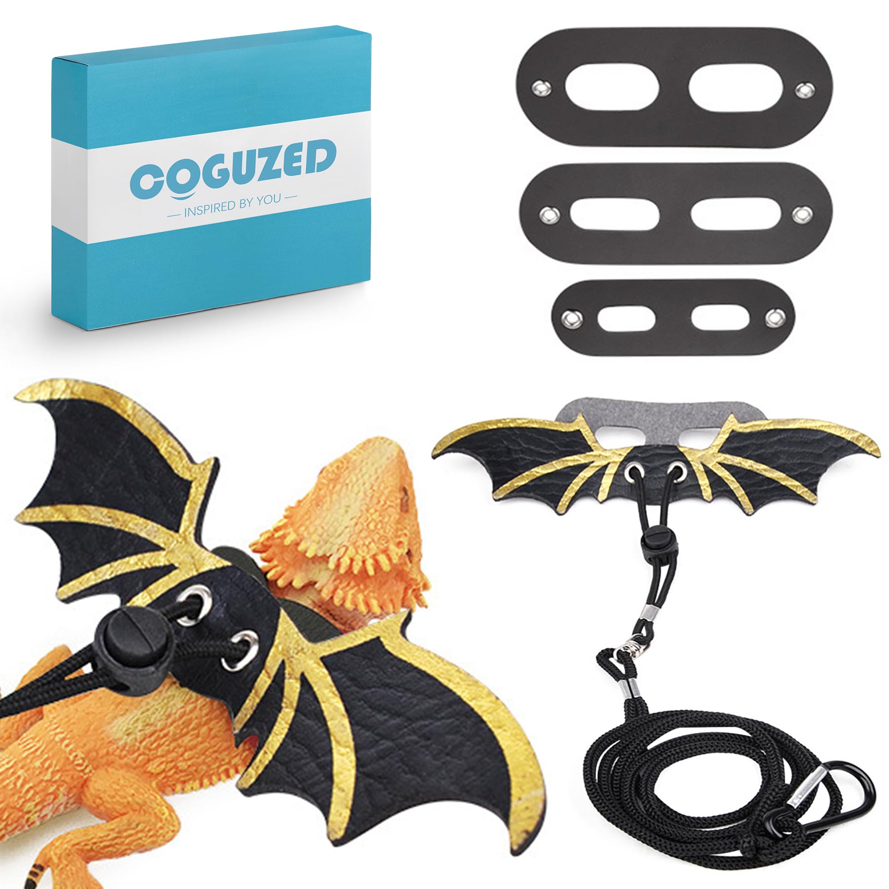 CoguZed Bearded Dragon Leash and Harness Set, Adjustable Lizard Harness, Soft Leather Reptile Costume, Cool Dragon Wing Outfits for Bearded Dragon Lizards(S,M,L, 3 Pack)