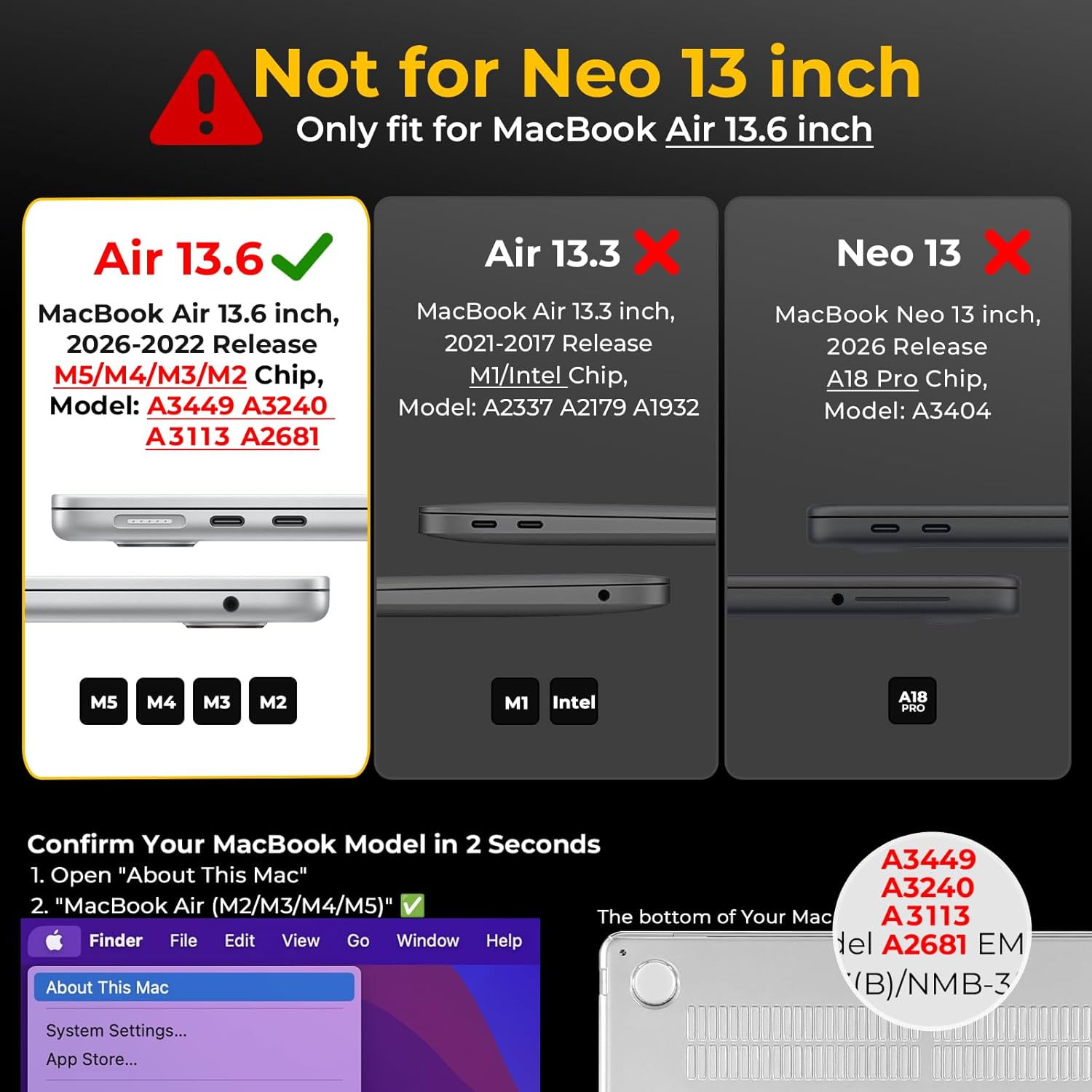 EooCoo Compatible with MacBook Air 13 inch Case M5 2026-2022 M4 M3 M2 Model A3449 A3240 A3113 A2681, Mac Air 13.6 inch Hard Shell & Keyboard Cover & Screen Film & Type-C, Crystal Clear