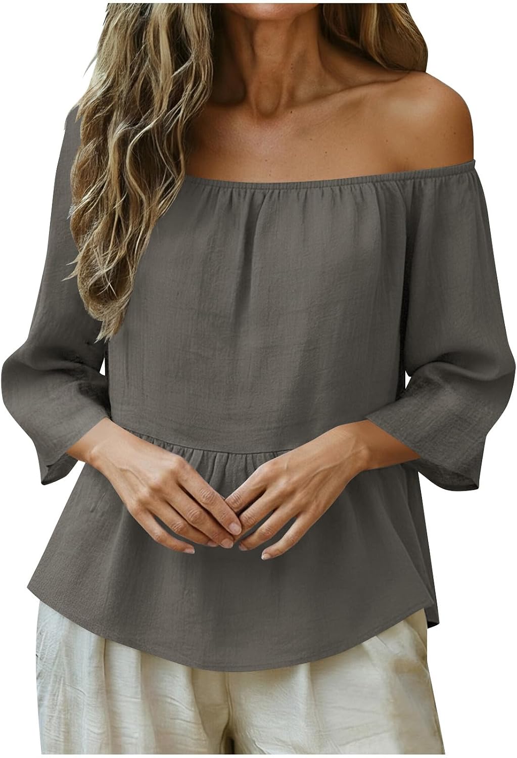 Womens Summer Cotton Linen 3/4 Sleeve Shirt Crewneck Loose Fit Solid Oversized Basic Tee Pleated Blouse Tops