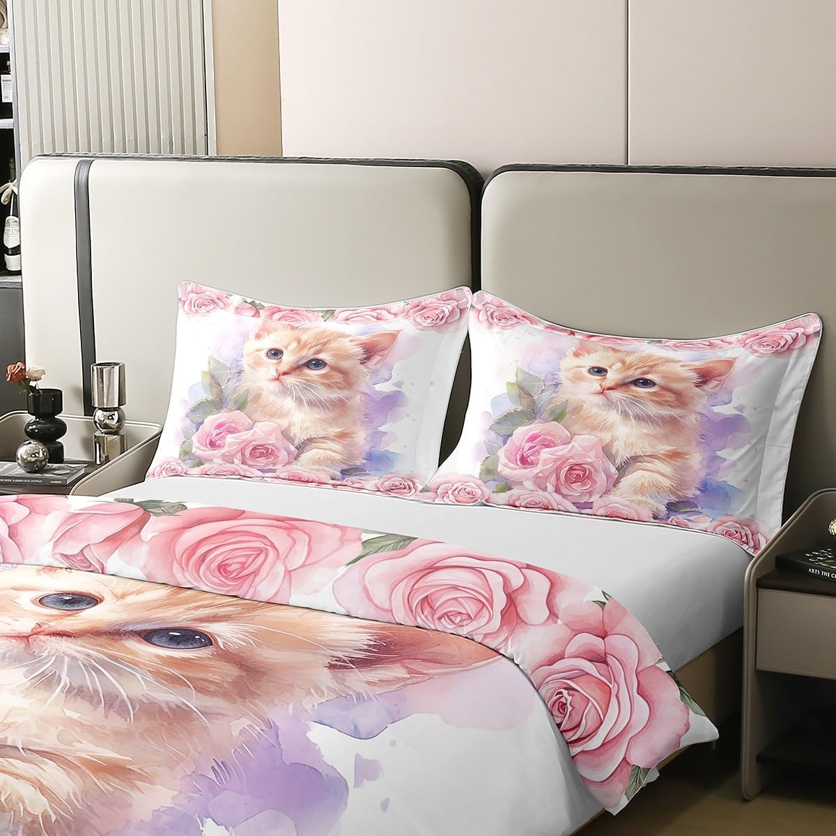 Manfei Twin Size Duvet Cover Kawaii Cat 100% Pure Cotton Bedding Set Kids Cute Animal Kitten Pet Bedding Set Floral Pink Rose Blossoms Comforter Cover for Room Decor 2 PCS(Not Comforter)