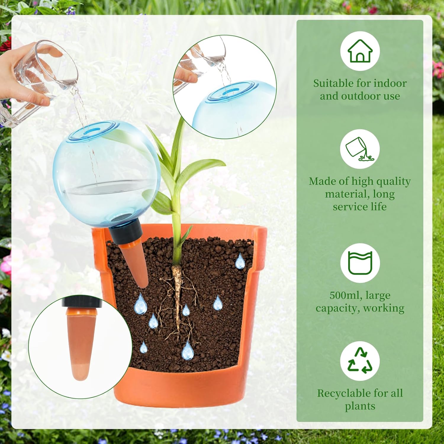 6pcs Large Plant Self Watering Globes, 17.5 oz Plastic Water Bulbs Top Fill, Plant Watering Devices System Slow Release Terracotta, Water Spikes Stakes for Indoor(6pack)