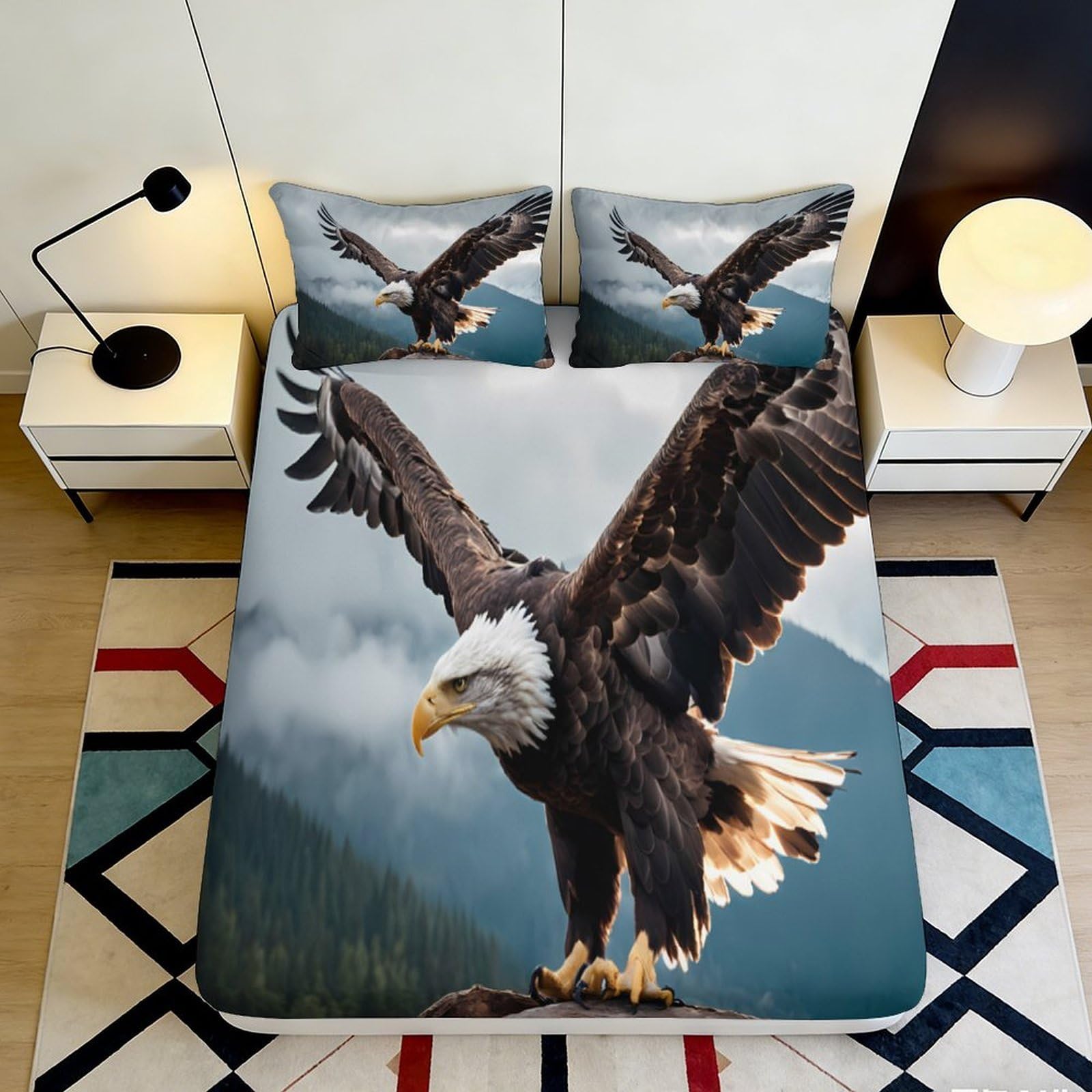 Jqzkxnhpbr Style-3 3D Printed Bald Eagle Fitted Sheet Microfiber Soft Breathable Mountain Bed Cover For Bedroom Dorm Mattress Protection Decor 90X200x25cm