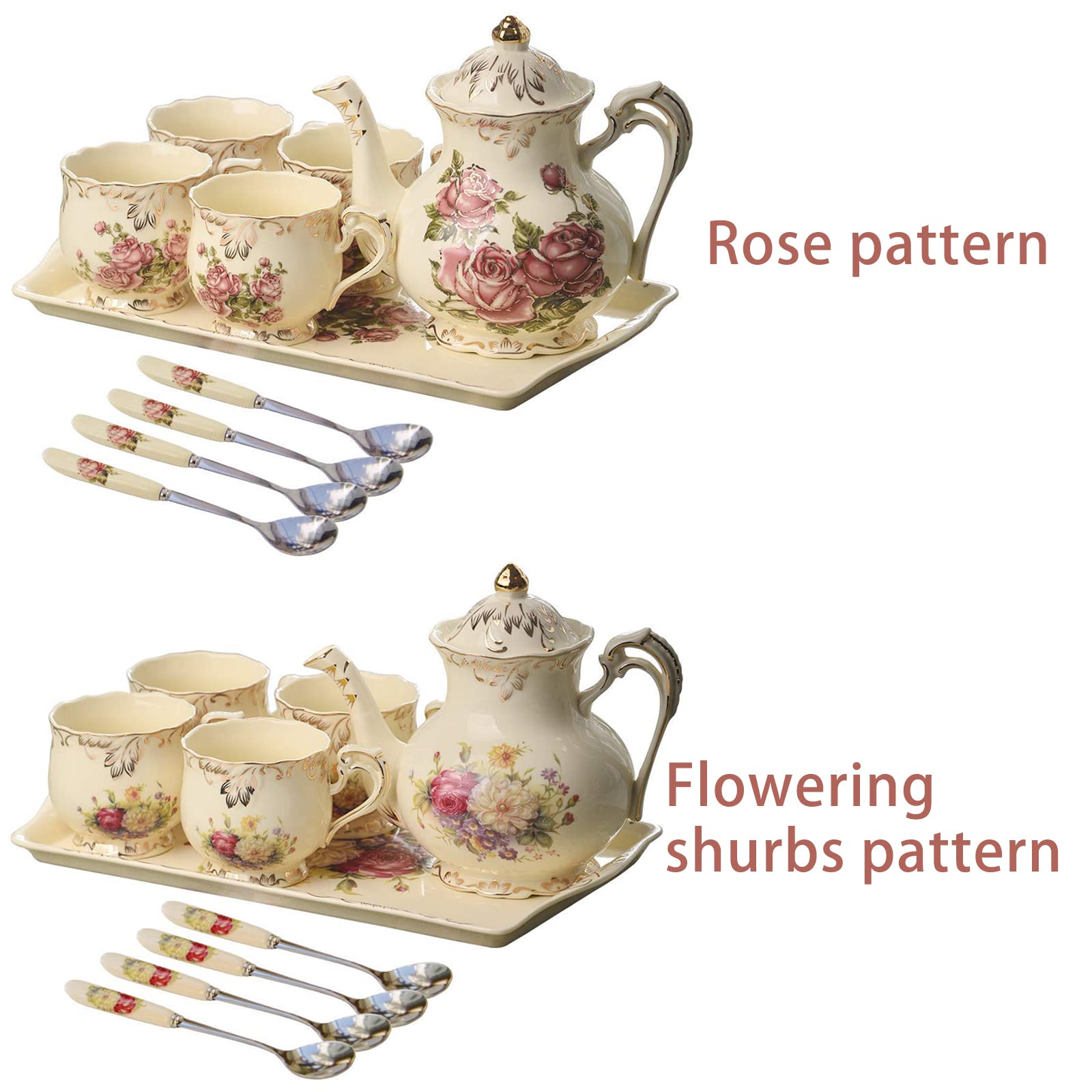 Porcelanowy zestaw do popołudniowej herbaty, kwiatowy zestaw do kawy w stylu vintage z czajnikiem, filiżankami do herbaty, tacą do serwowania i łyżeczką na prezenty i imprezy