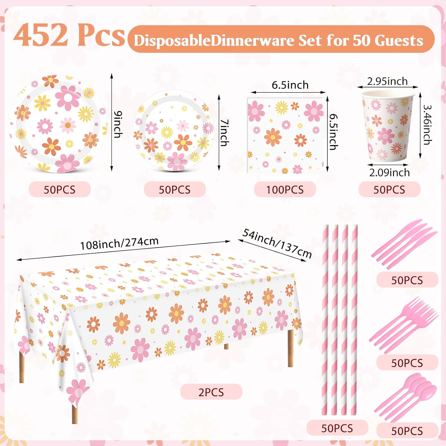 452 Pcs Groovy Daisy Party Decorations for 50 Guest, Boho Daisy Paper Plates Cups Napkins Tablecloth Cutlery Straws Hippie Tableware Set for Retro Hippie Birthday Baby Shower Party Supplies
