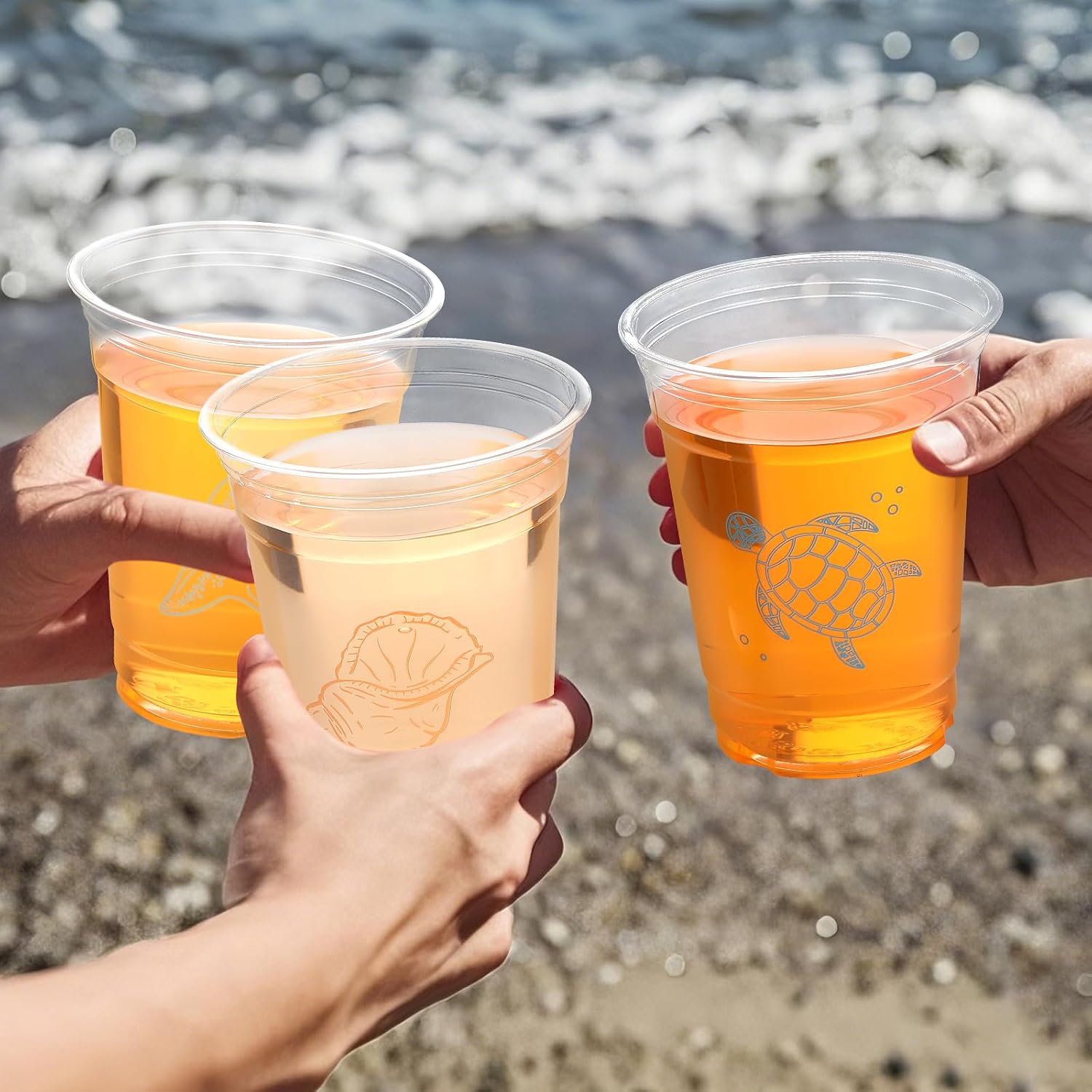 Qinyoung 100 Pcs Ocean Party Disposable Cups 12 oz Clear Plastic Cups with Sea Pattern Ocean Party Supplies for Sea Birthday Decoration Supplies(Seaside)