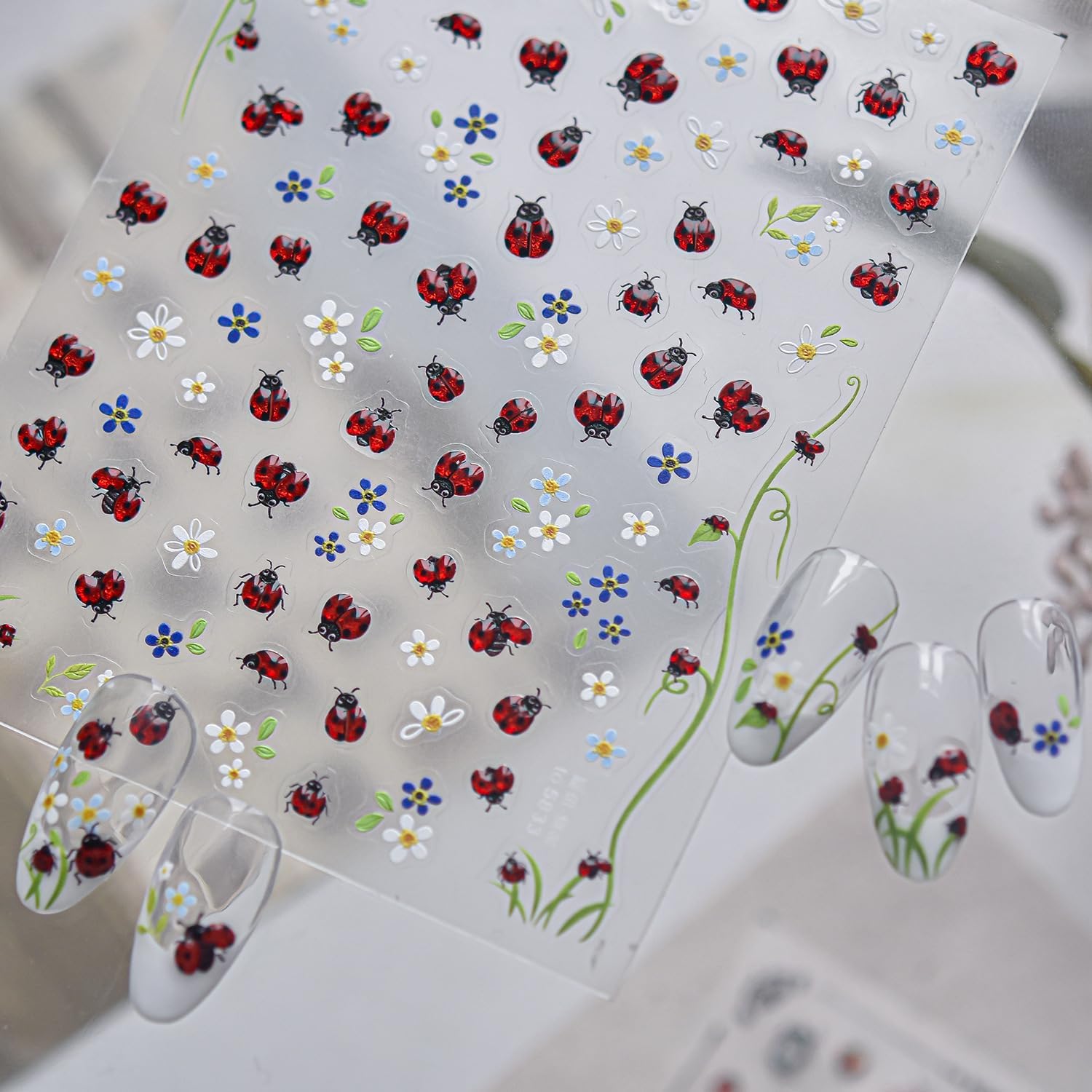 1 Sheet 5D Embossed Cute Floral Ladybug Nail Stickers for Nail Art Ladybug Flower Nail Decals Daisy Lady Bug Nail Design Colorful Floral Nail Decoration Nail Accessories for Women Manicure Supplies