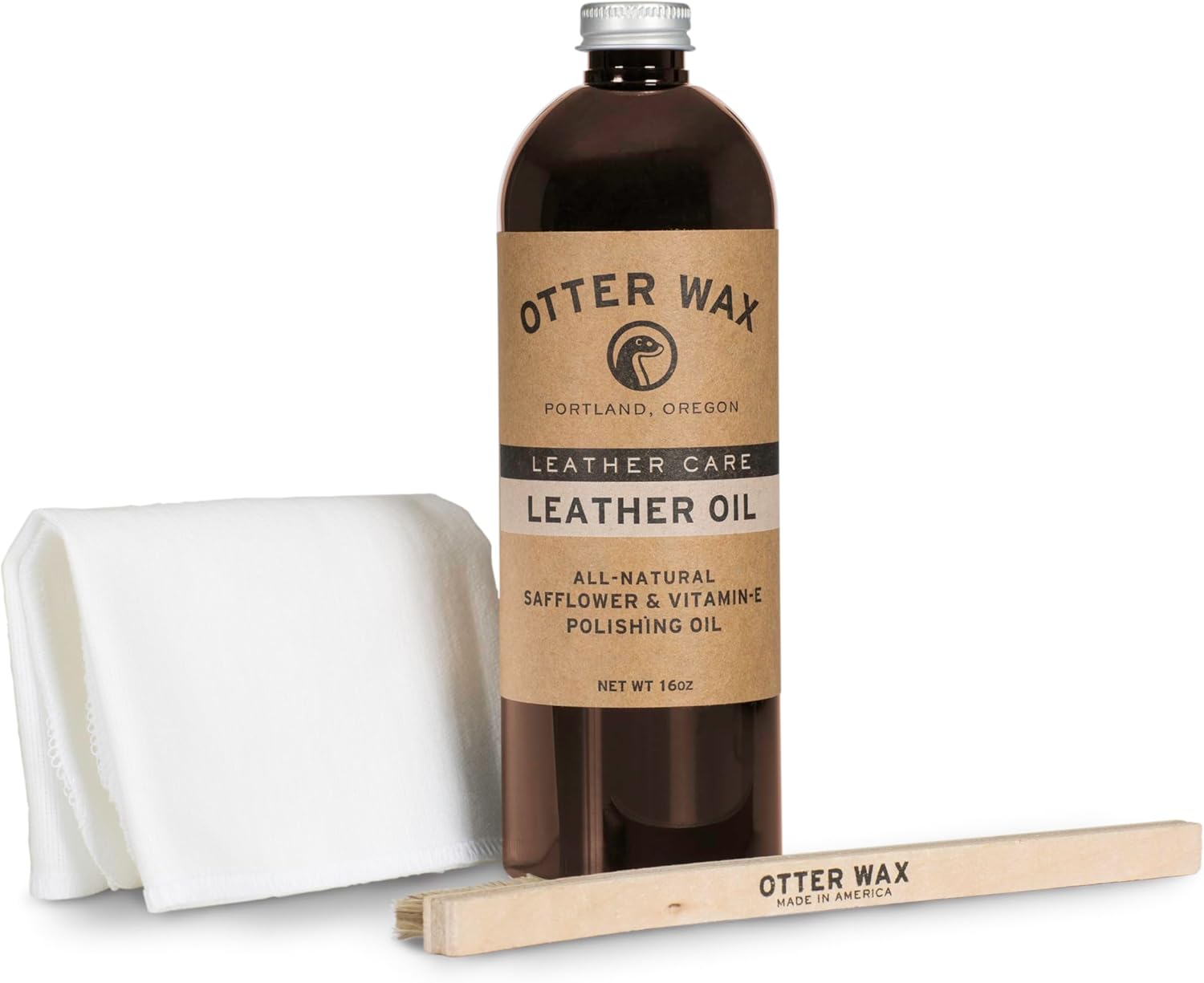 POLY & BARK 3-Piece Leather Care Kit – Otter Wax Leather Oil (16oz), Flannel Buffing Cloth & Horsehair Brush – All-Natural Leather Conditioner & Polish for Sofas, Chairs, Boots, and Bags