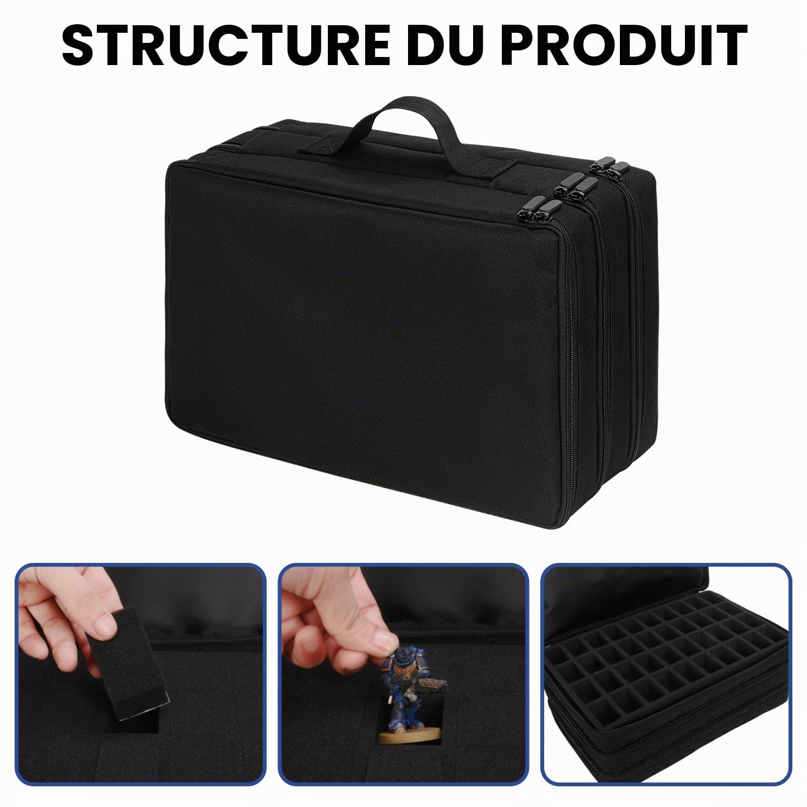 Sac de transport pour figurines miniatures, 120 emplacements pour figurines miniatures compatibles avec les figurines 40K et D&D, étui de rangement miniature avec 3 plateaux en mousse, Noir