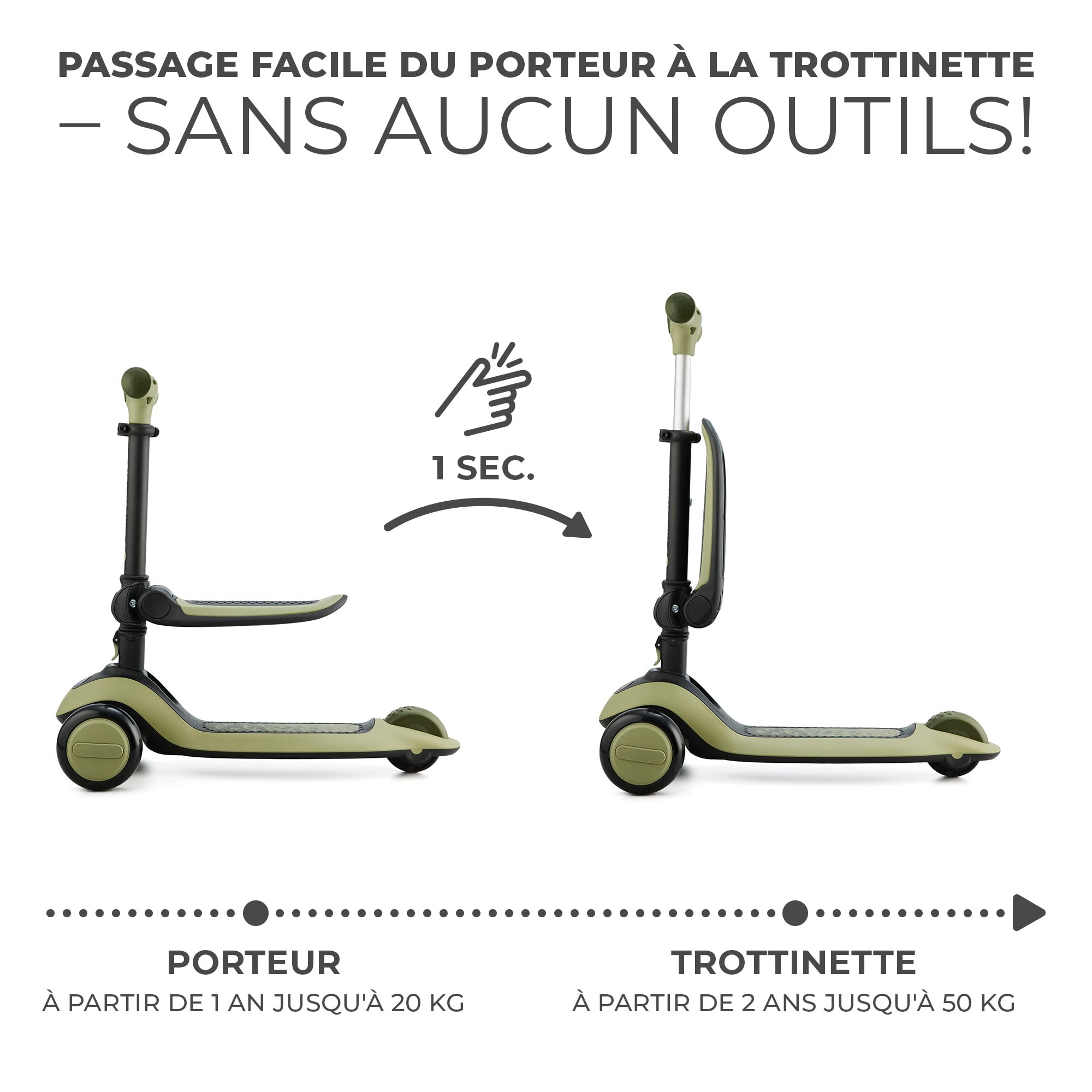 Kinderkraft Halley, Trottinette, Draisienne, Patinette, Scooter, Multifonctionnel, Moderne, Trois Roues, Réglable, LED Roues, Frein, 2 Ans jusqu'à 50 kg, Vert
