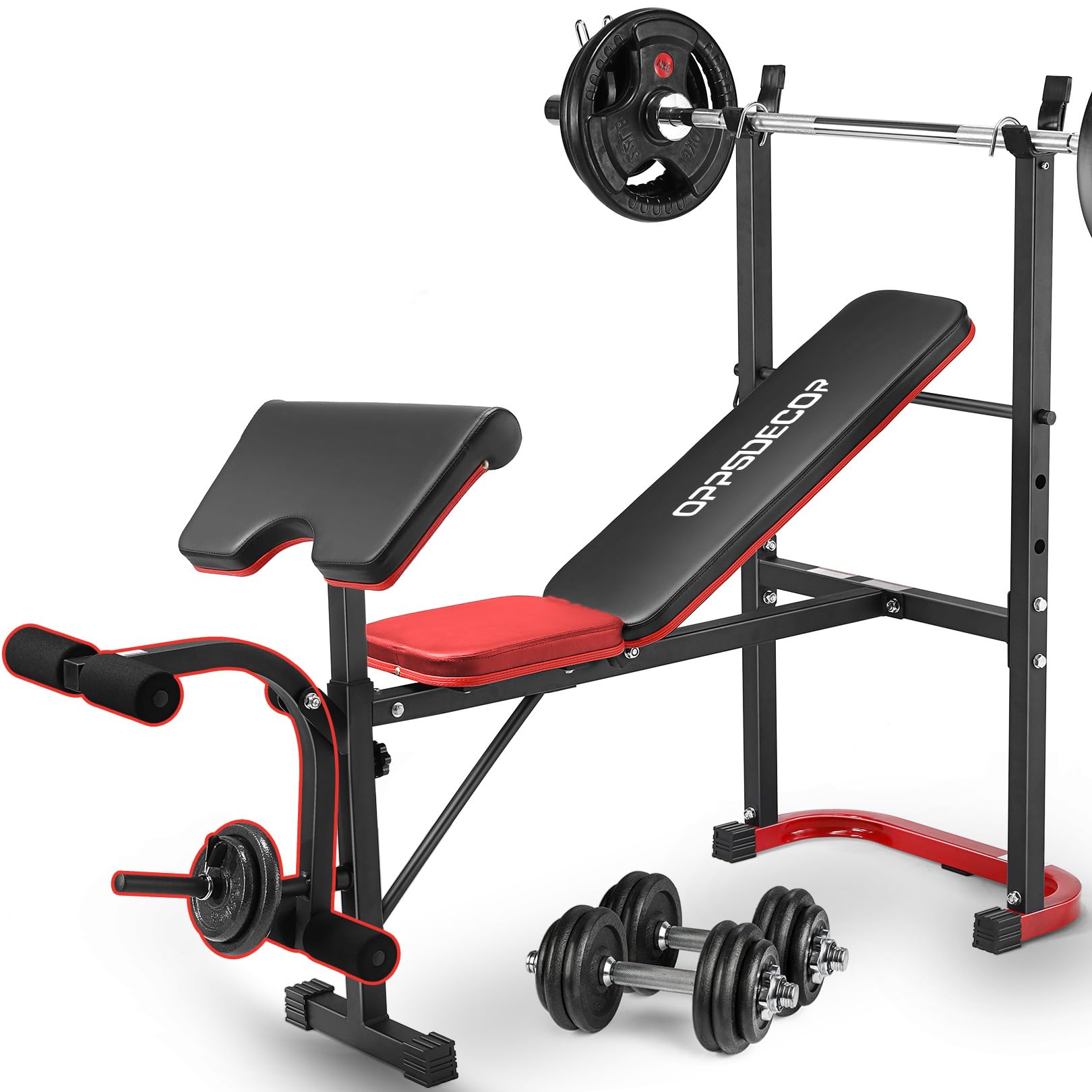OPPSDECOR Adjustable Weight Bench Set with Leg Developer & Preacher Curl Pad, Full Body Workout Bench Press Set with Squat Rack for Home Gym Fitness, Standard Strength Training Bench (Scarletblack)