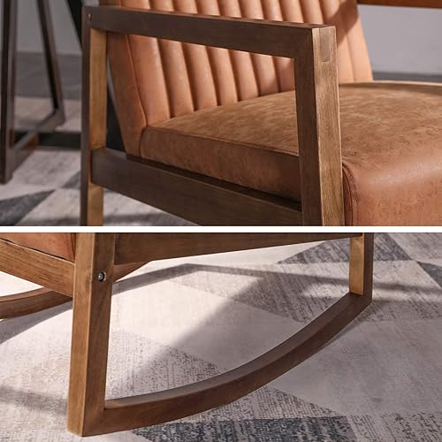 Miniatura 6 de Mecedora de mediados de siglo con marcos de madera, silla tapizada de piel sintética, para sala de estar, dormitorio, naranja quemado