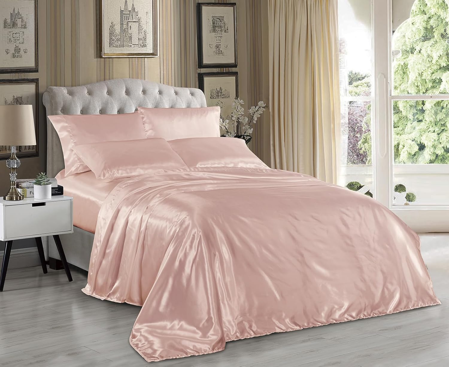 Hight Thread Count Solid Color Soft Silky Charmeuse Satin Luxury and Super Soft Bed Sheet Set Or Pillowcase (Blush, Full)