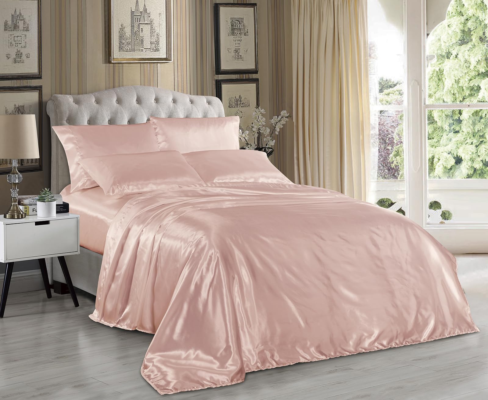 Juego de sábanas o funda de almohada de satén Charmeuse suave y sedoso de color sólido, de alto número de hilos, de lujo y súper suave (rubor, matrimonial)