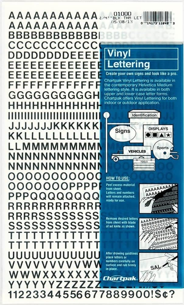 Chartpak 01000 Press-On Vinyl Letters & Numbers, Self Adhesive, Black, 1/4"h, 610/Pack