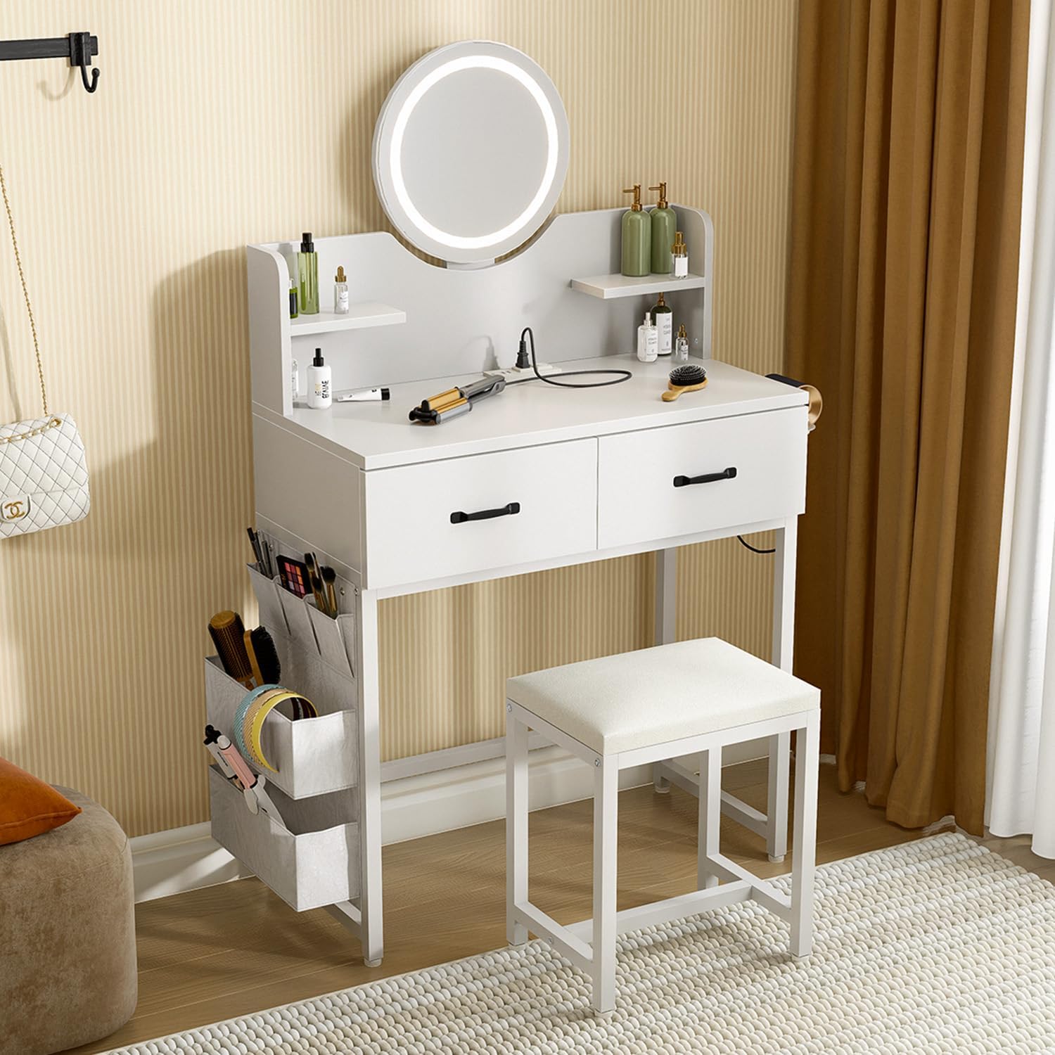 MXV Small Vanity Desk, Makeup Desk with LED Lighted Mirror, 3 Lighting Modes, Vanity Table with Stool and Organizer Fabric Drawers, Mini Vanity for Bedroom, White