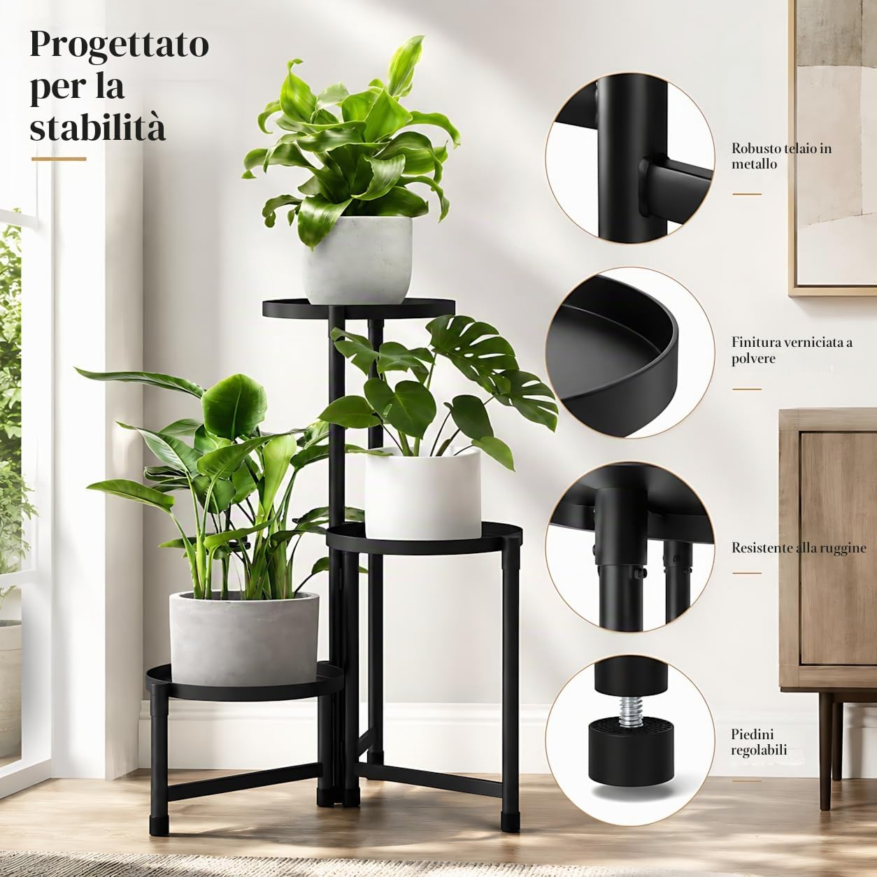 FARYODI - Supporto per fiori a 3 livelli in metallo, porta piante in metallo e scala per piante per interni ed esterni, tavolo da 25,4 cm per angolo, scala per fiori per soggiorno, ufficio, giardino