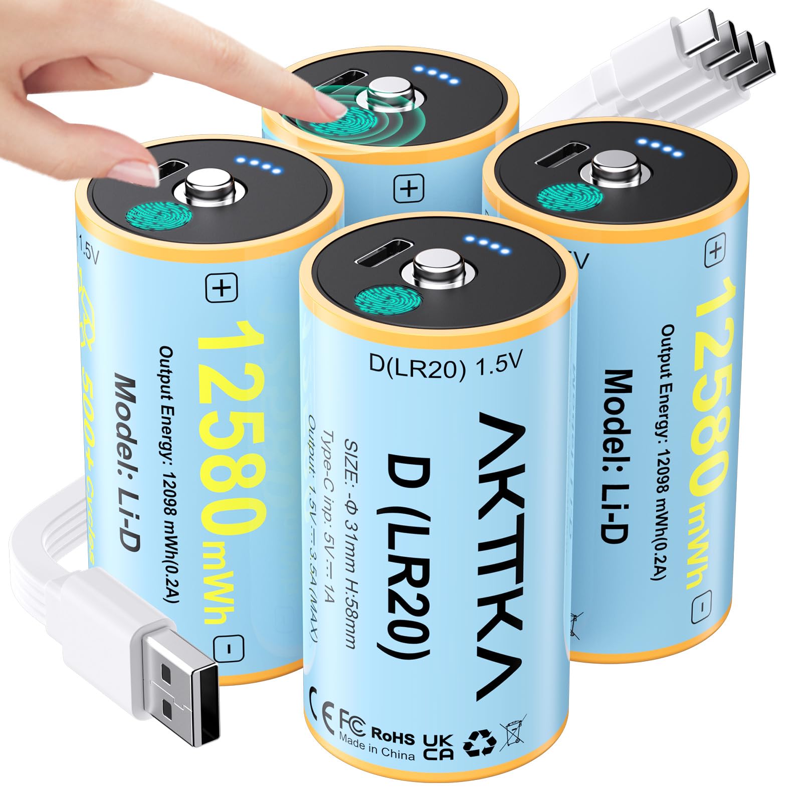 Piles D Rechargeables 12580 mWh, Lot de 4, 1,5V Li-ION, LR20, Mono D