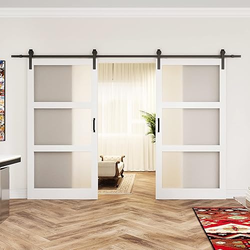 Puerta corredera de granero doble, 84 pulgadas (doble 42 x 84 pulgadas, puerta de granero de vidrio esmerilado, superficie de PVC impermeable, kit
