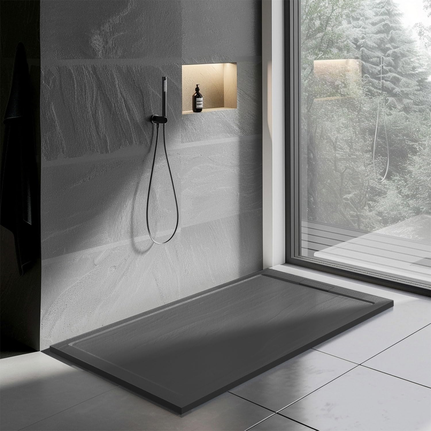 Go Bathrooms Anthracite Slate Effect Shower Tray 1700 X 800 Mm Rectangular Shower Base With Hidden Waste, Anti-Bacterial Surface–Low Profile Shower Tray For Enclosures