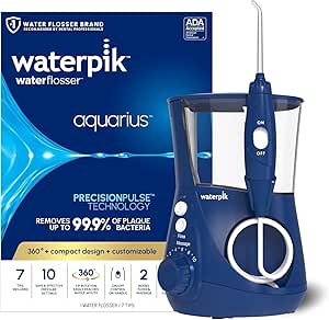 Waterpik Aquarius Water Flosser Professional For Teeth, Gums, Braces, Dental Care, Electric Power With 10 Settings, 7 Tips For Multiple Users And Needs, ADA Accepted, Blue WP-663