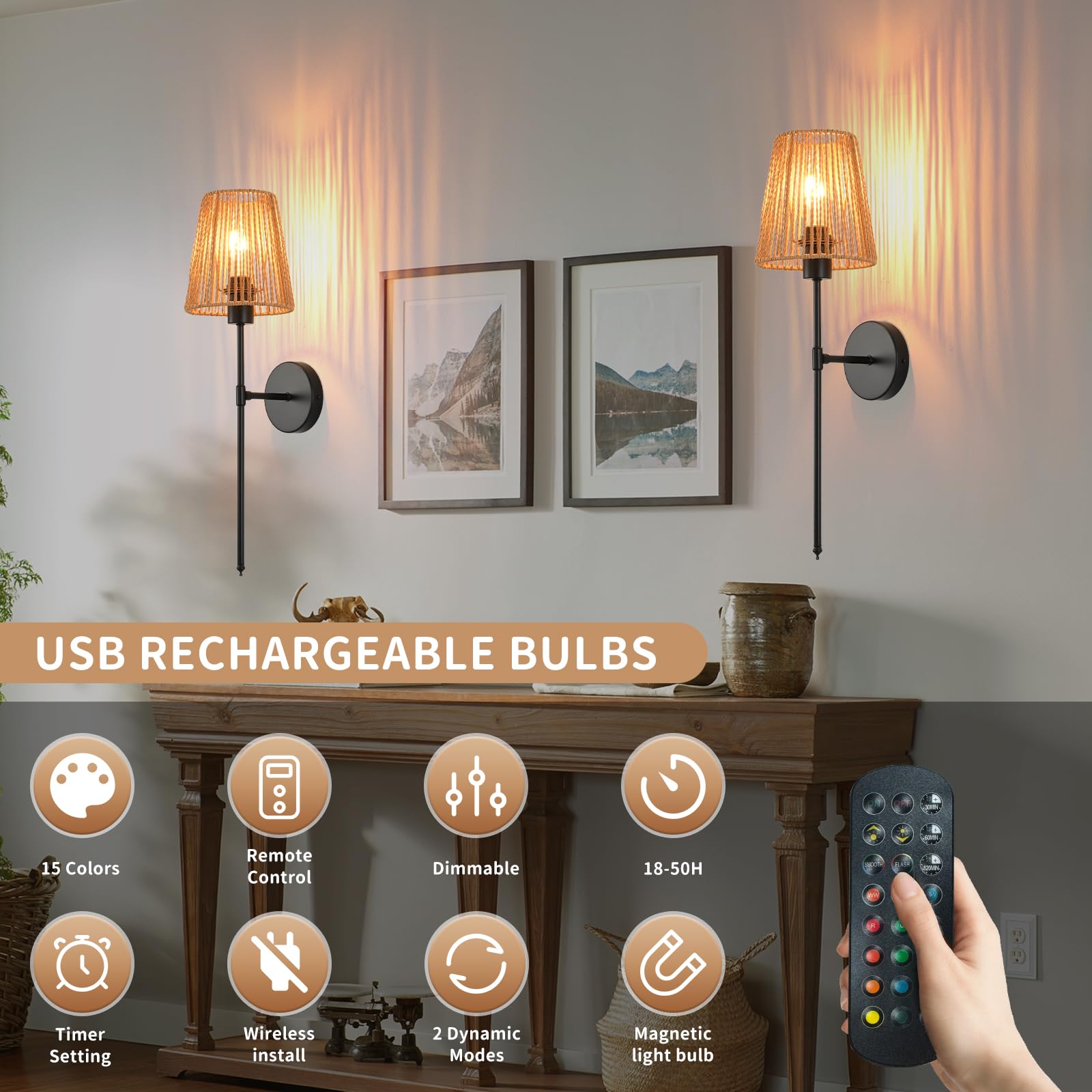 Juego de dos apliques de pared que funcionan con pilas, color negro con bombillas recargables a distancia, sala de estar, dormitorio, pasillo, baño