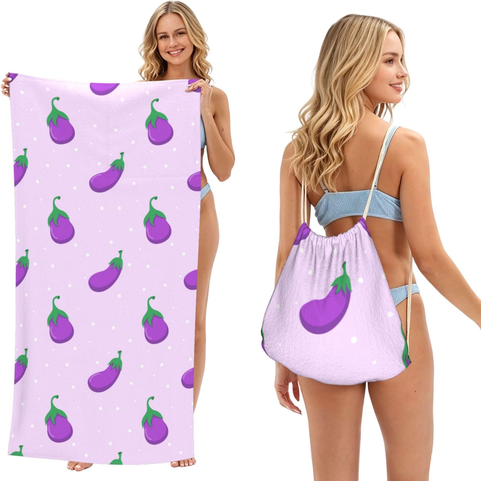 Poadnly As Picture Eggplant Vegetable Fruit, 2 In 1 Packable Towel Bag, Beach Towels With Drawstring Backpack For Travel Holiday Camping