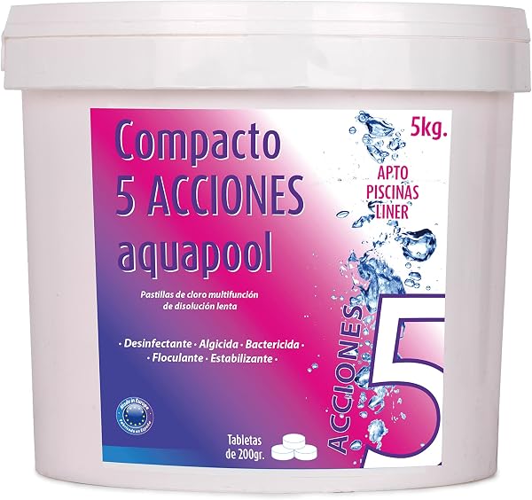 Compacto 5 ACCIONES AQUAPOOL (5 KG) - Pastillas de Cloro multifunción - Disolución Lenta - Apto Piscinas Liner - 1