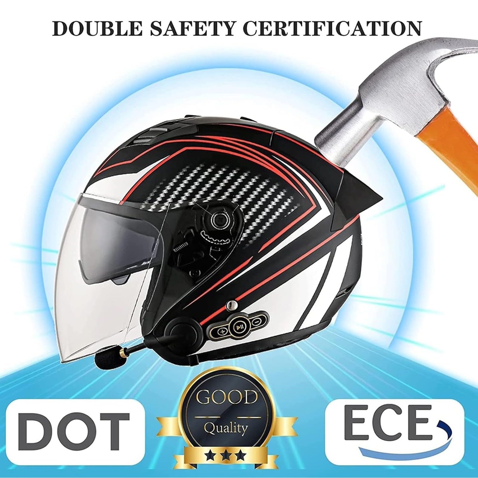 Casco jet con Bluetooth per moto, certificazione ECE, casco con Bluetooth integrato, casco da scooter, casco jet per adulti, uomini e donne, con doppia visiera B, L (59-60cm)
