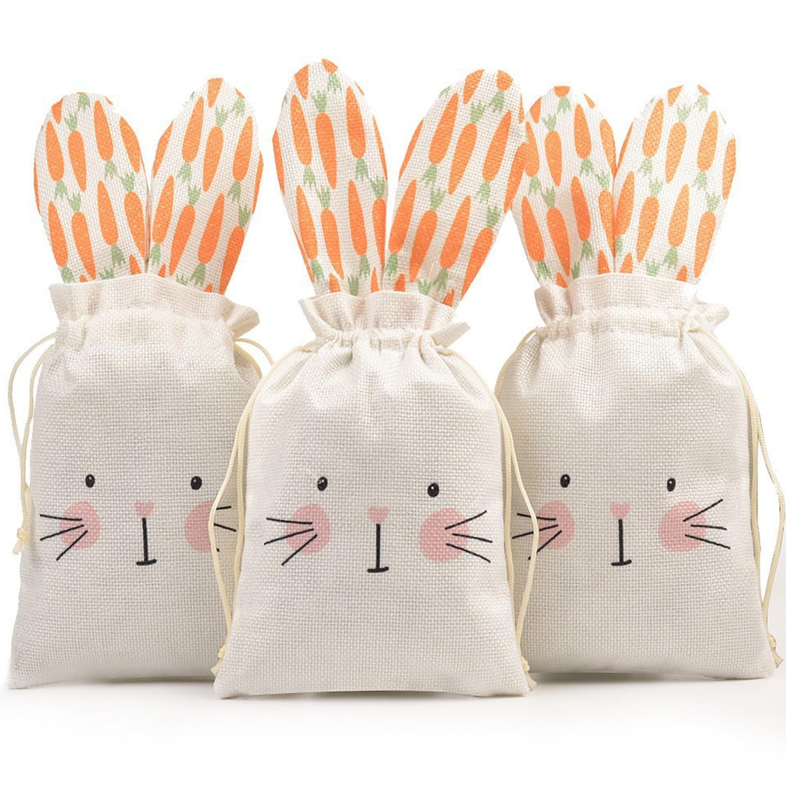 3Pcs Easter Decorations Drawstring Gift Bags Bunny Face Burlap Pouches With Ears for Candy Party Supplies Birthday Decoration Egg Hunt Surprises Basket Stuffers Small Holiday Gifts for Families Friend