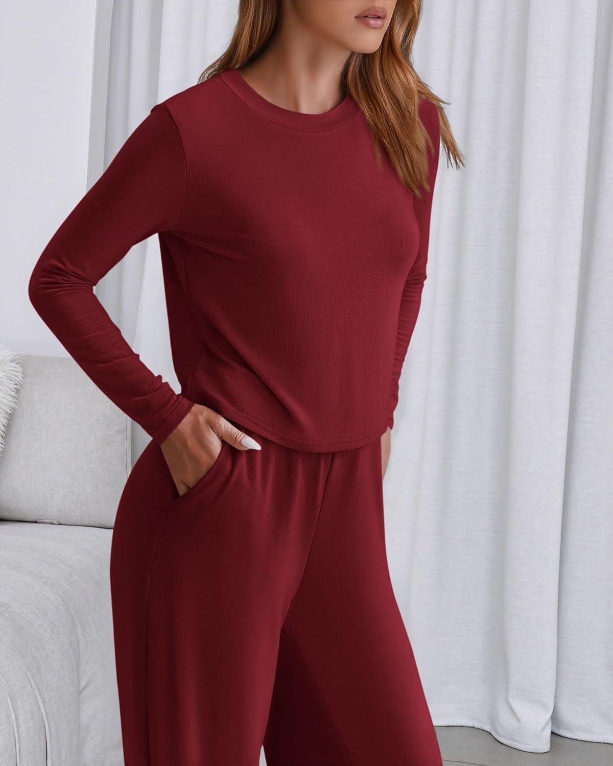 MASCOMODA Fall Lounge Sets for Women Crewneck Long Sleeve Tops Wide Leg Pants Casual 2 Piece Airport Travel Outfits Tracksuit - Image 3