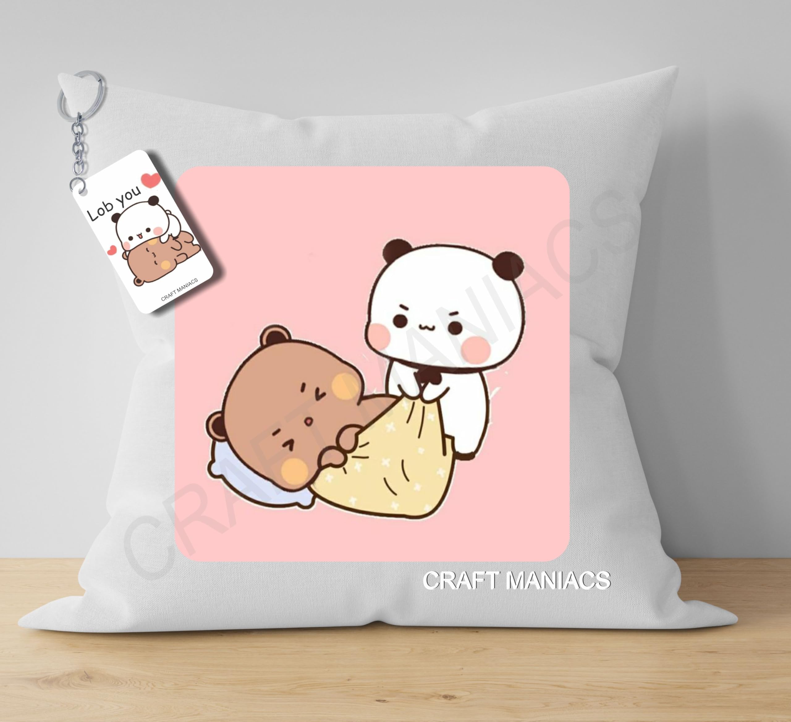 Bubu Irritating Dudu Pillow Keychain Combo : A 16 * 16 Pillow with Filler Inside & Free Wooden MDF Keychain