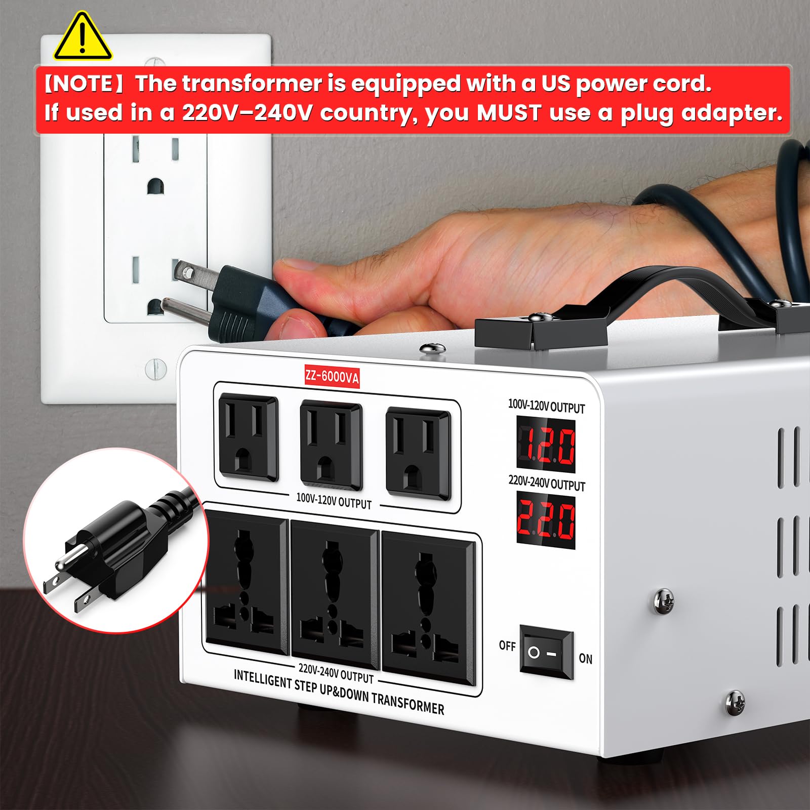 Trasformatore convertitore di tensione resistente da 6000 W - Step Up da 110 V a 220 V e Step Down da 220 V a 110 V, riconoscimento automatico dell'ingresso, 3 prese americane e 3 universali, display