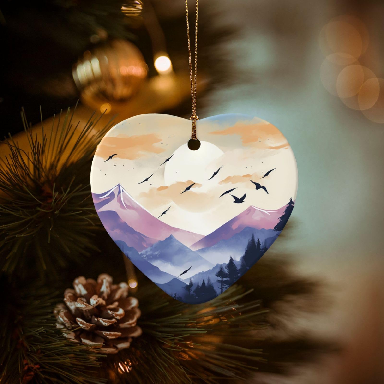 Christmas Tree Ornaments Ceramics Christmas Decorations Birds Flying at Sunset Ornaments with Gold Ribbon Porcelain Xmas Tree Crafts Heart Shape Hanging Pendant for Christmas Tree Party Decor