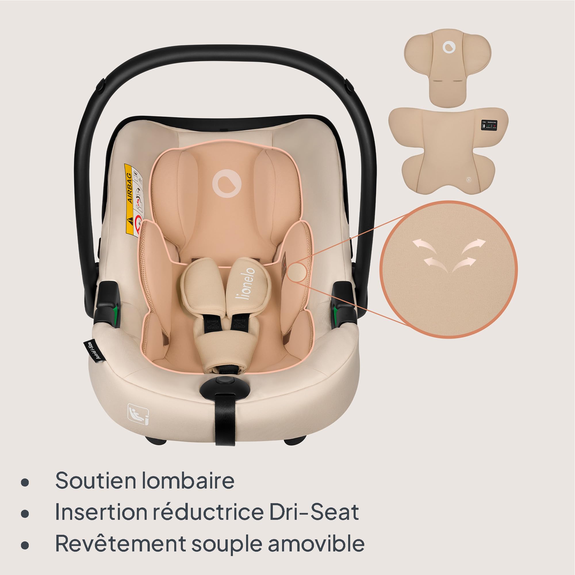 LIONELO ASTRID i-Size SET Siège auto Enfant avec Base 40-87 cm Cosy pour Bébé Montage ISOFIX, Ceinture de Sécurité à 3 points Protection Latérale, Insert Dri-Seat, i-Size R129 (BEIGE SABLE)