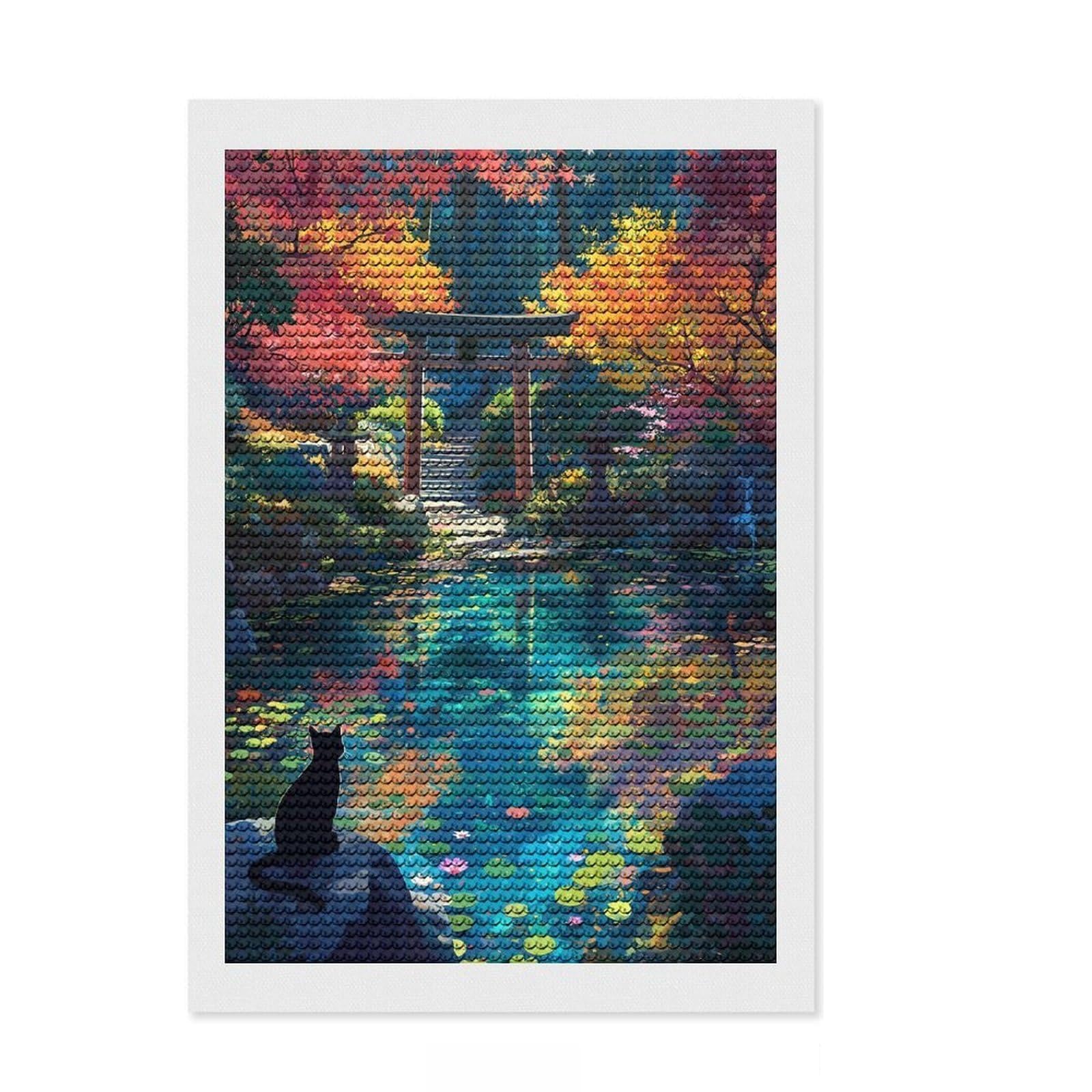 Junmoney Autumn Shrine Japanese Black Cat Diamond Art Canvas 8"x12", Stress Relief Craft, Neat Printed Canvas, Modern Decor, for Family Craft Time