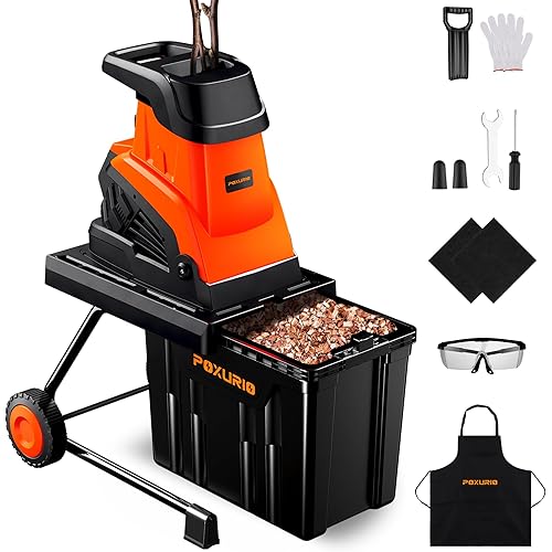 15-Amp Wood Chipper Shredder, 50L Collecting Bin, High Efficiency Electric Mulcher Shredding Machine with 25:1 Reduction Ratio, 1.8In Cutting Diameter, Large Portable Wheels for Yard Cleanup, Orange