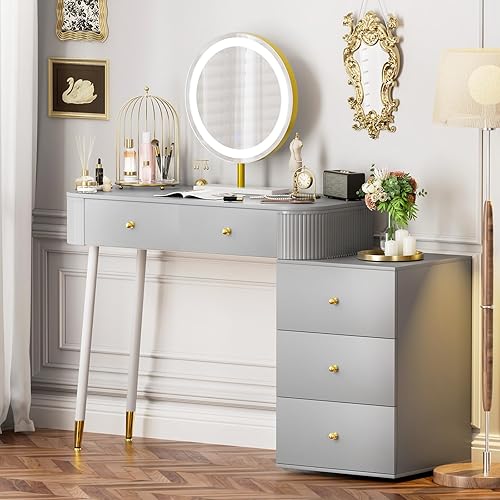 Miniatura 12 de WinZo Mesa de tocador de 24" con espejo y luces, pequeña mesa de tocador de maquillaje con 1 cajón de almacenamiento, elegante mesa de tocador con