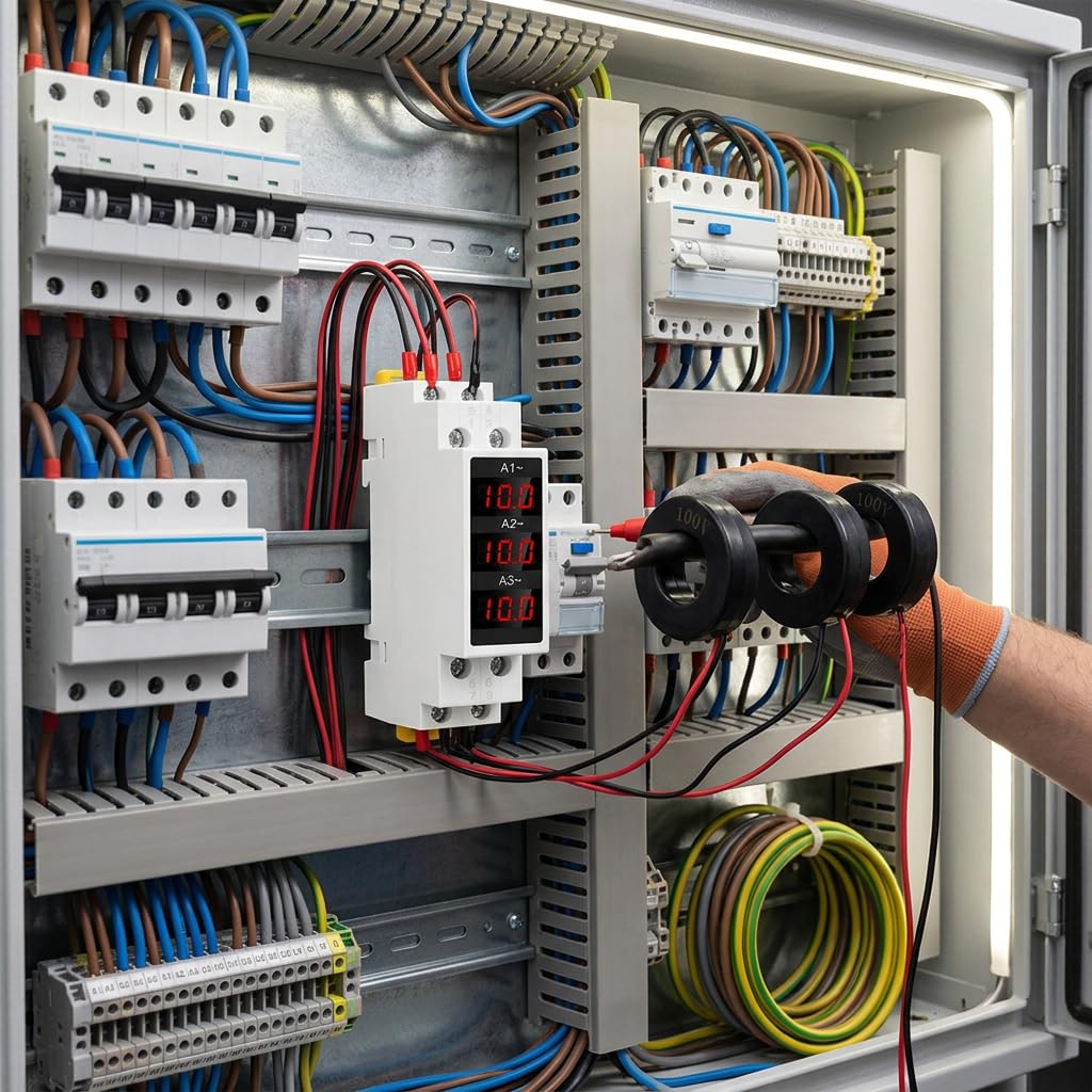 Amperometro Digitale Trifase 80 500V 1 100A con Display LED Misuratore di Potenza su Guida DIN con 3 Sensori per Impianti Elettrici Industriali Domestici