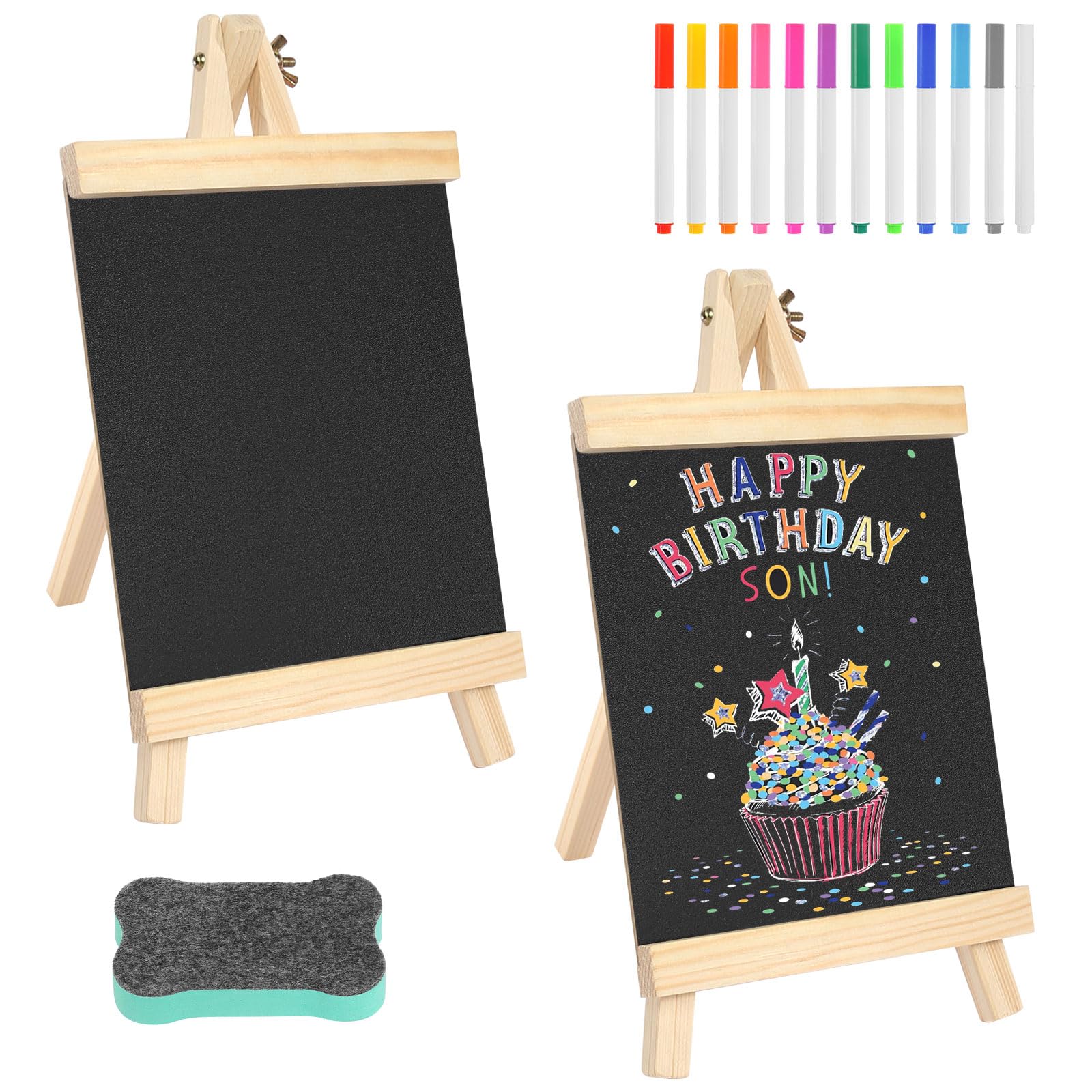 Kreidetafel Aufsteller 2 Stück Schiefertafel zum Beschriften 29 x 16 cm Kleine Tafel mit 12 Kreidefarben und Tafelwischer Kreidetafeln für Preisschilder Buffettisch Geburtstag Hochzeit Party Event