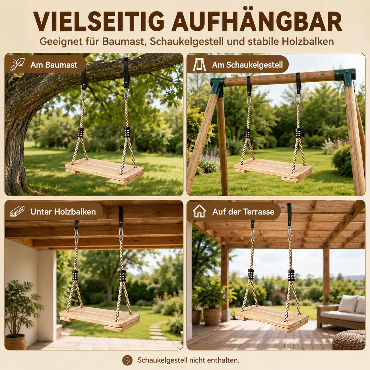 Holz Schaukel Outdoor/Indoor | Stabile Familienecke bis 160kg mit verstellbaren Seilen | Sicherer Schaukelsitz für Kinder & Erwachsene (40x16x3cm) | Für Garten, Terrasse, Balkon