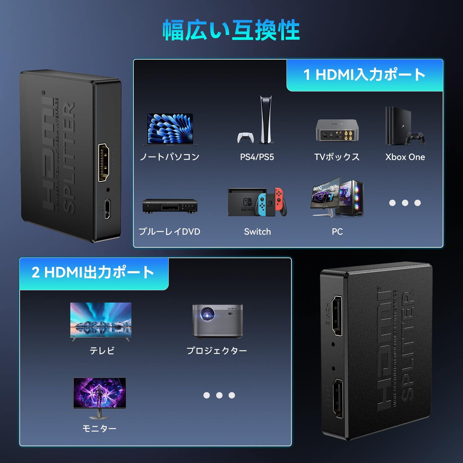 Amazon | HDMI 分配器 1入力2出力 4K 30Hz 音声 ビデオ 同時出力 付き