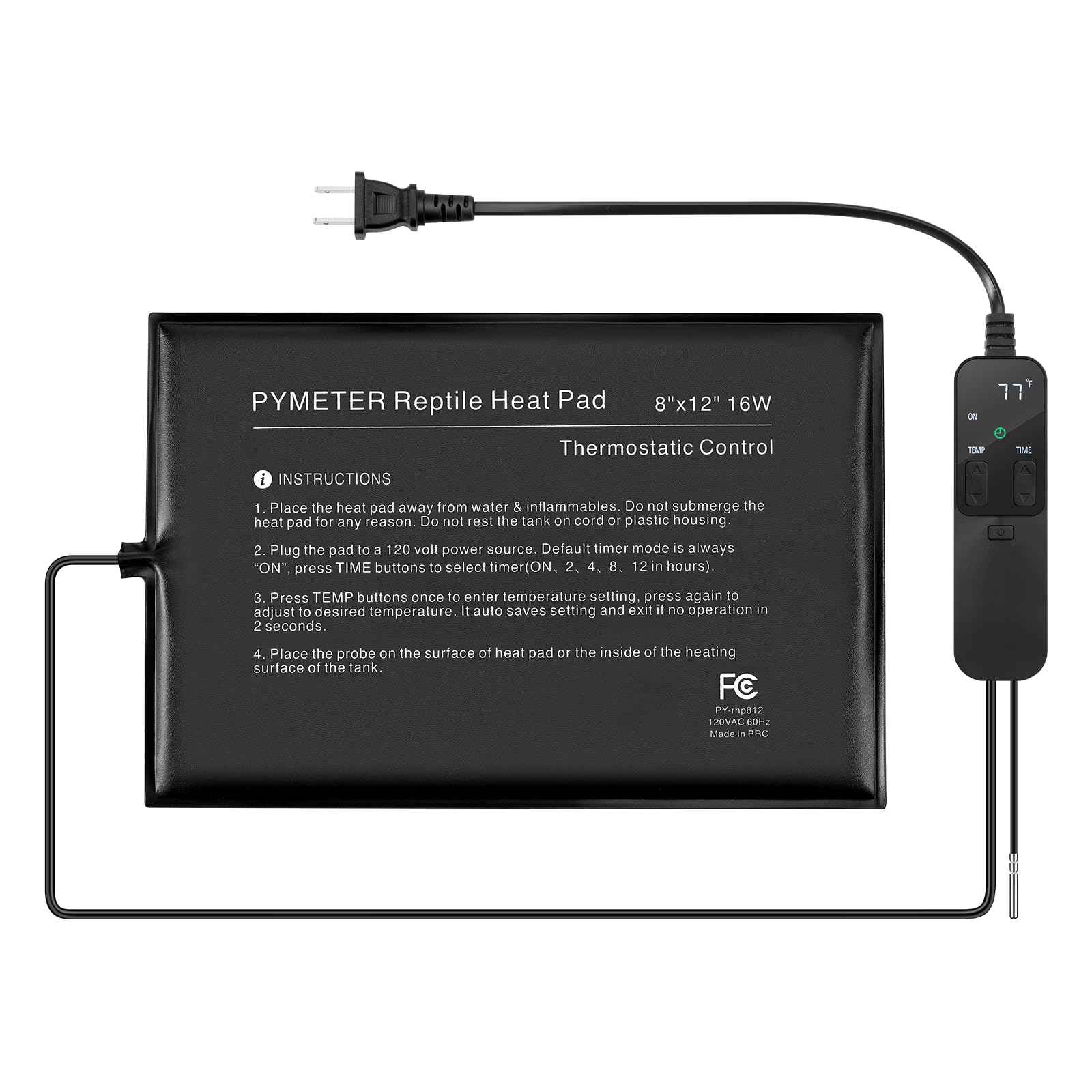 Almohadilla térmica para reptiles con termostato PID y temporizador de 8 x 12 pulgadas, calentador de terrario debajo del tanque para serpiente, tortuga, lagarto, rana, araña y otros