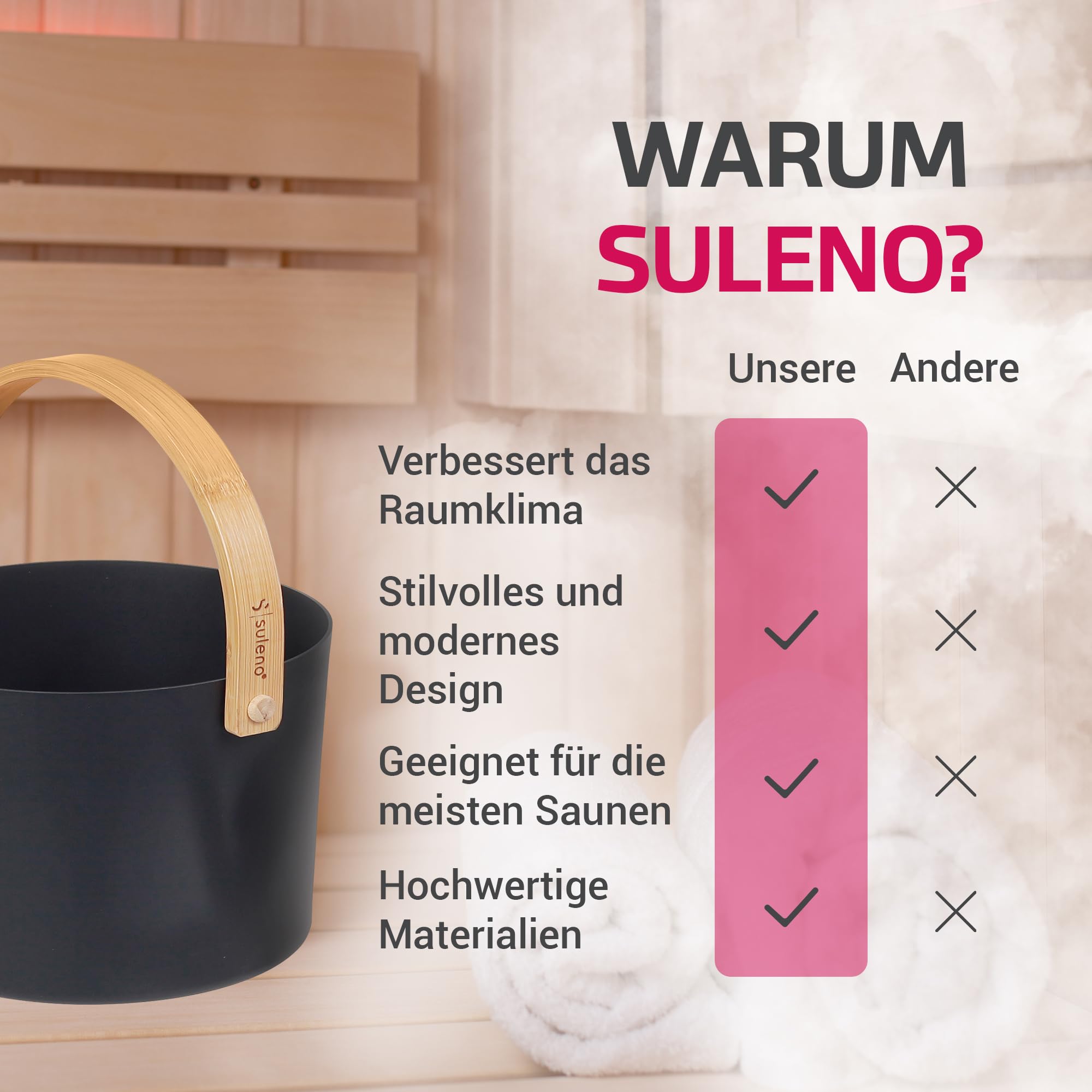 SULENO Saunazubehör-Set KJELL 9-teilig, inklusive Aluminium-Aufgusskübel & | Schöpfkelle mit Bambusgriff, Sauna-Thermometer & Hygrometer, Sanduhr & 5 Saunaöle