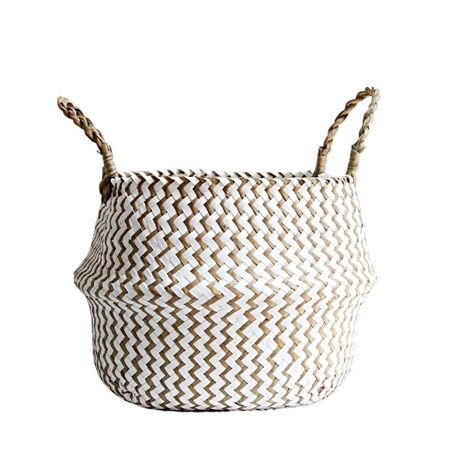 DUNSBY Woven Planter 3 Pcs Striped Wicker Storage Baskets Handmade Collapsible Laundry Basket Patchwork Seaweed Flower Belly Garden Pot(White and brown,23cmX20cm)