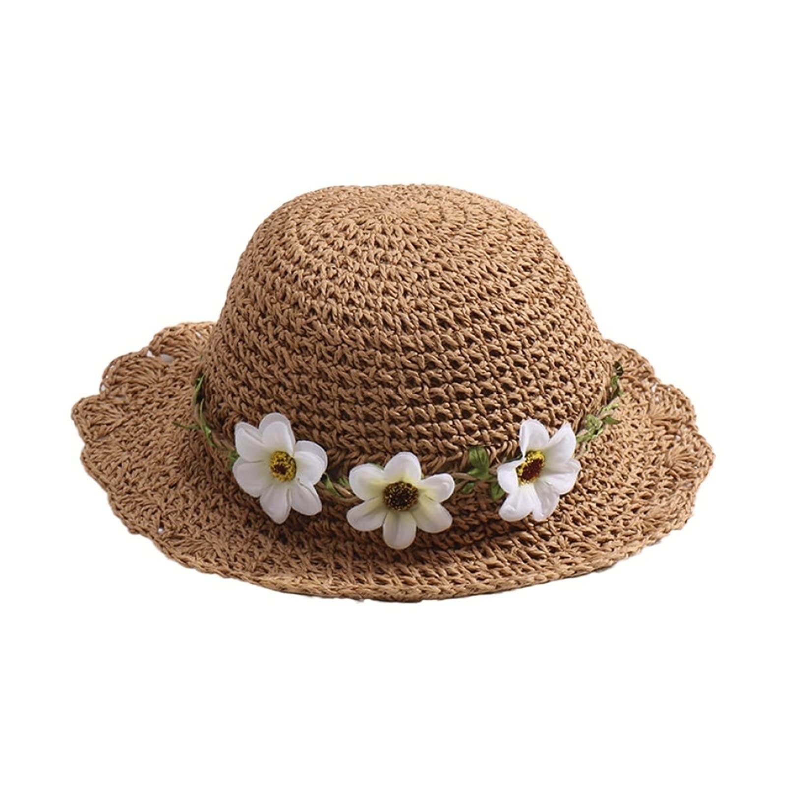 Kinder-Sommerhut, Kinder-Strohhut, handgefertigt, gewebter Sommerhut, Sonnenhut, Mädchenhut, Baby-Frühlings- und Sommerkranz-Sonnenhut (Khaki M 1 2Y)