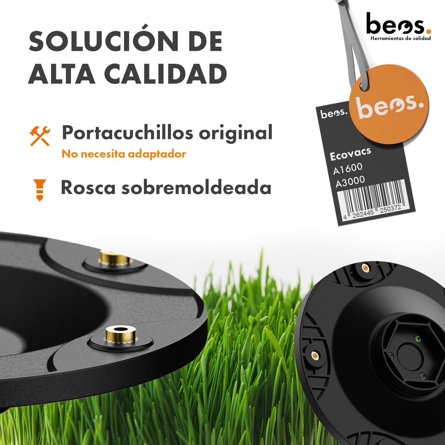 BEOS Ajuste del robot cortacésped Premium: 2 discos con cuchillas para 6 cuchillas. Para Ecovacs GOAT A1600 y A3000. Discos con cuchillas reforzados con fibra de vidrio. Ø 140 mm.