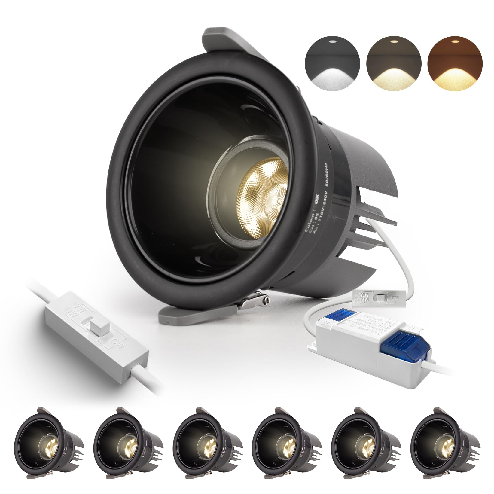BAGZY Downlight Led Negro Techo Empotrable Regulable, 6x 7W 700LM Iluminación De 3 Colores 3000K/4000K/6000K,IP44,Recorte 80-90mm,AC 220-240V,Foco De