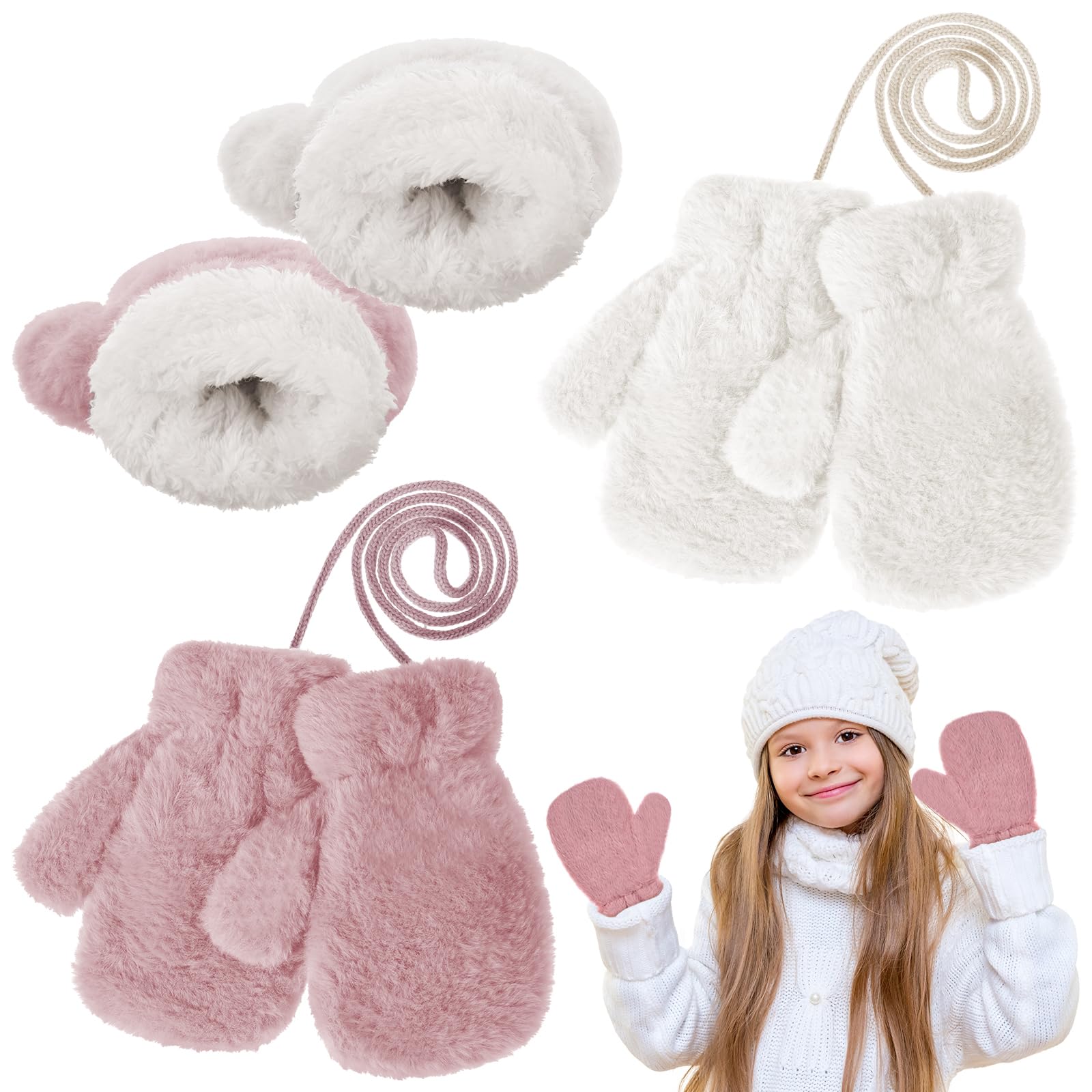 Manoplas Cálidas para Niños, 2 Pares Guantes Invierno con Forro Polar, Manopla de Nieve de Invierno con Cuerda Cuello, Mitones Cálidos de Invierno para Niños 3-7 años, 18 * 9cm