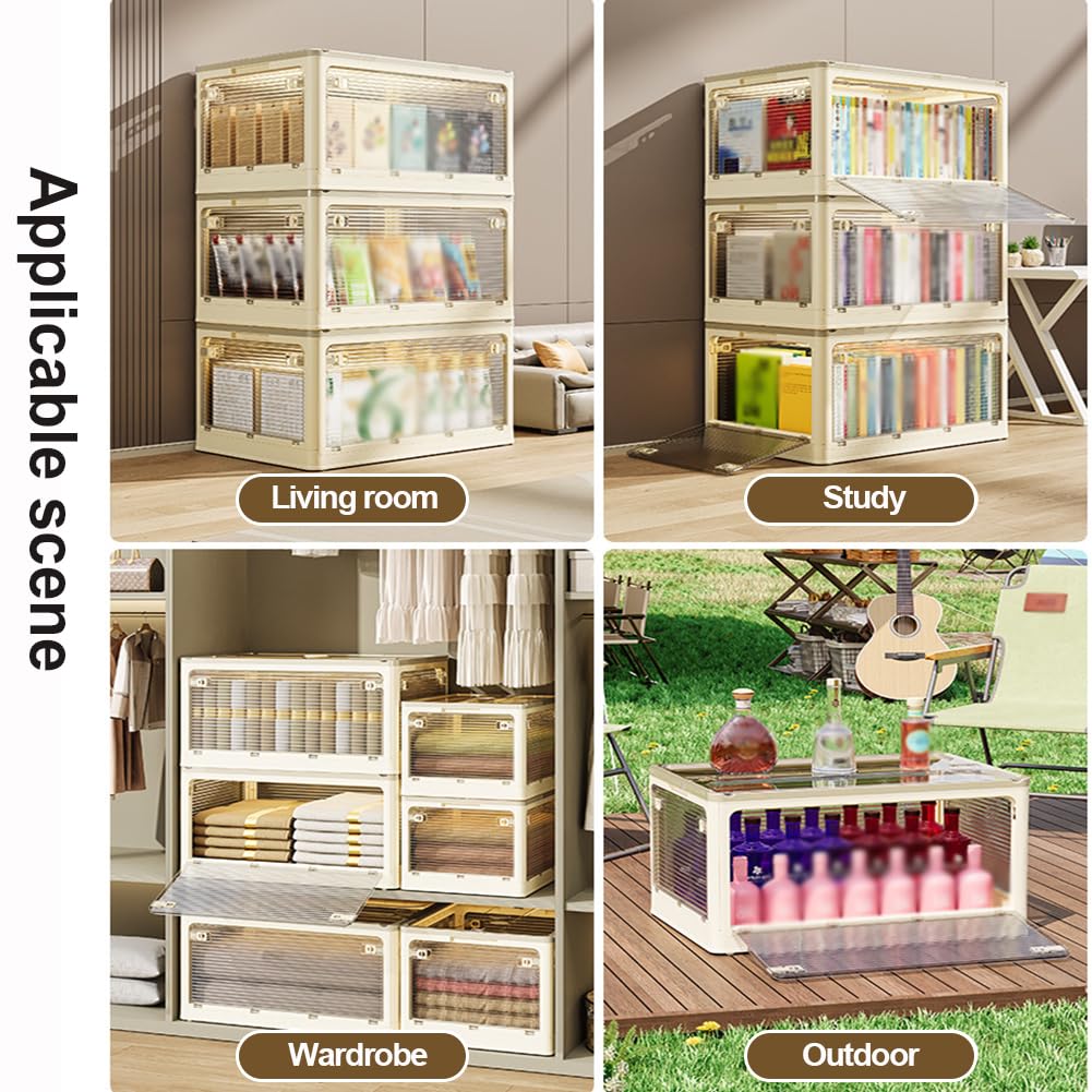 Caja de almacenamiento de plástico con tapa, caja de almacenamiento transparente plegable con cuatro puertas, contenedores apilables para almacenamiento con ruedas, organizador de armario para dormit