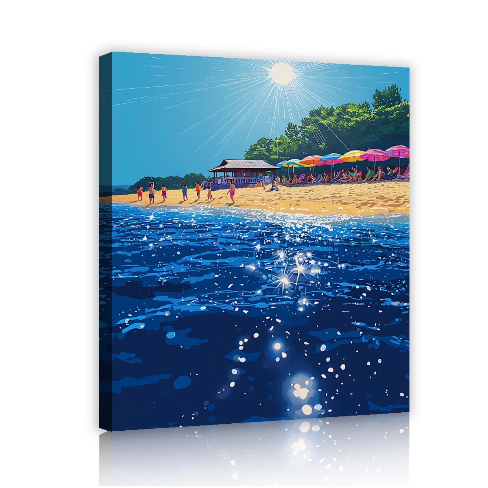 Via Vela Anime paysage impression sur toile art mural parasols colorés sur une plage tropicale ensoleillée mer et forêt affiche peinture pour salle de bain décor 70x90cm cadre intérieur